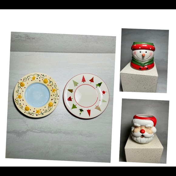 4 pc lot Holiday candle holders Santa Snowman under Plates yankee candle EC